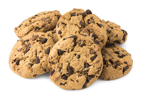 Pile of Chocolate Chip Cookies Isolated on White Background