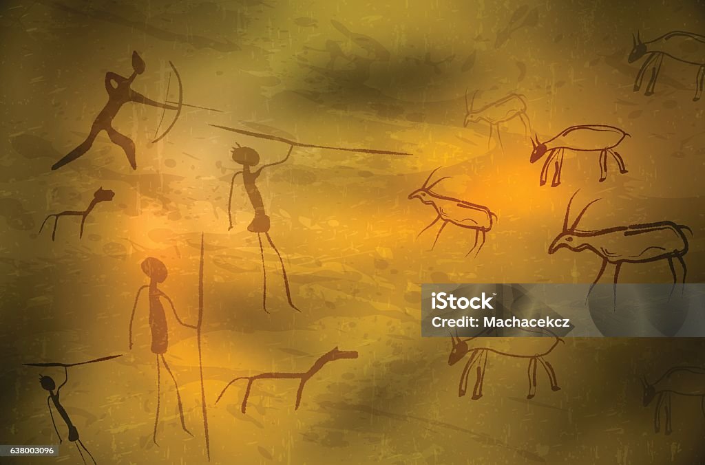 Stylized drawing of prehistoric hunters and animals Abstract primitive art - stylized drawing of prehistoric hunters and animals. Vector illustration. Cave Painting stock vector