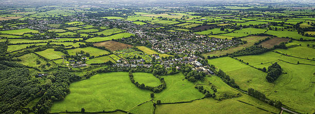 panorama aérien au-dessus des maisons de campagne entourées de champs de patchwork verts - aerial view mid air farm field photos et images de collection