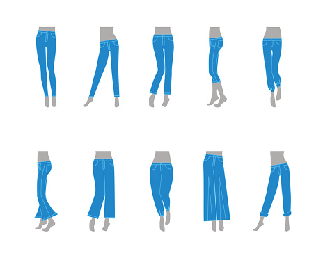 Cartoon Jeans Model for Women Fashion Basic Types Cloth Flat Design Style. Vector illustration