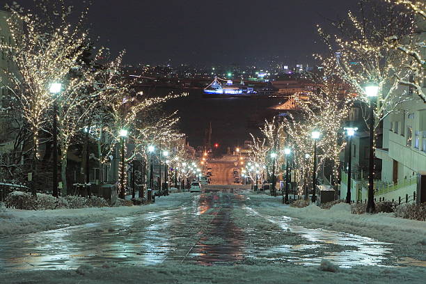 Hachiman-saka in Hakodate City with snow and illumination