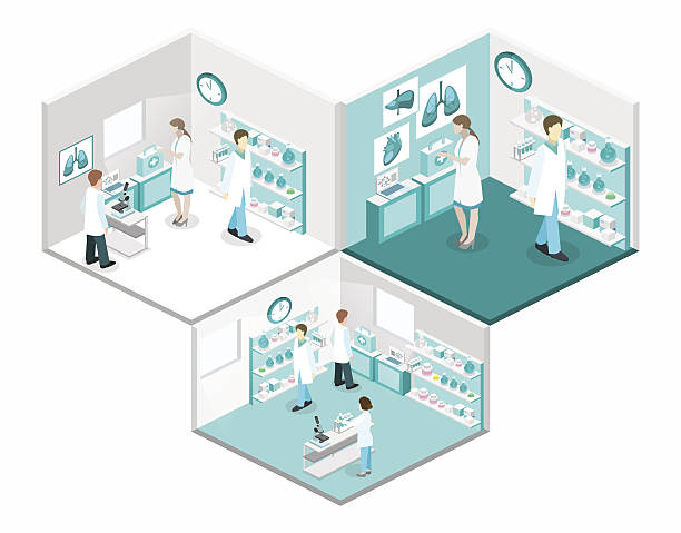 ilustrações, clipart, desenhos animados e ícones de conceito isométrico 3d conceito vetor interior do laboratório de ciências. - microscope medical exam healthcare and medicine science