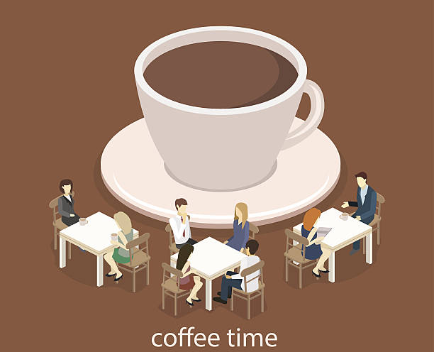 ilustraciones, imágenes clip art, dibujos animados e iconos de stock de interior isométrico de la cafetería. - isometric people cafe coffee shop