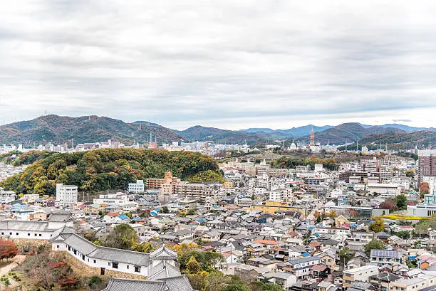 Aerial View of Himeji residence downtown from Himeji castle in Hyogo, Kansai, Japan.