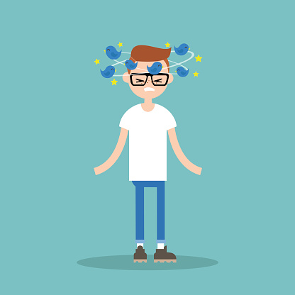 Young nerd with birds spinning around his head / flat editable vector illustration