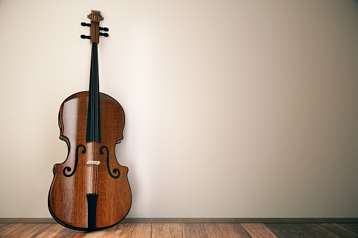 Classic wooden violin leaning on wall in simple interior with wooden floor. Music concept. 3D Rendering