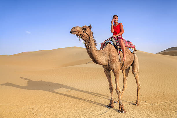 istock Young female tourist using mobile on a camel, Rajasthan, India 638027732
