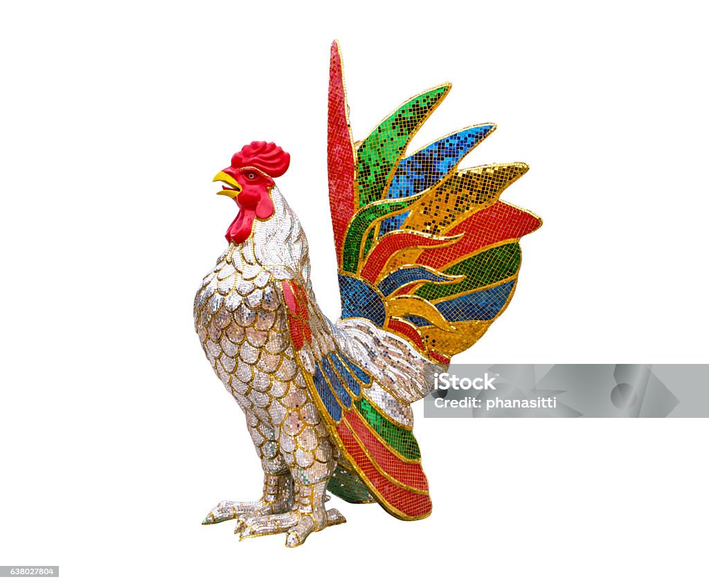 Colorful chicken statue isolated on white background. Colorful chicken statue isolated on white background.Chicken sculpture isolated.Cock statue isolated Statue Stock Photo