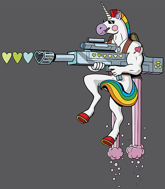 Unicorn Soldier Unicorn soldier character shooting hearts with his love gun. flirting stock illustrations