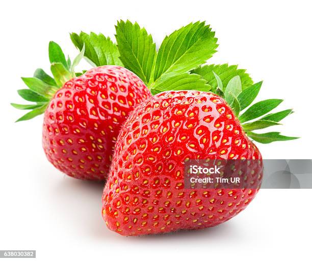 Strawberry Two Berries With Leaves Isolated On White Background Stock Photo - Download Image Now