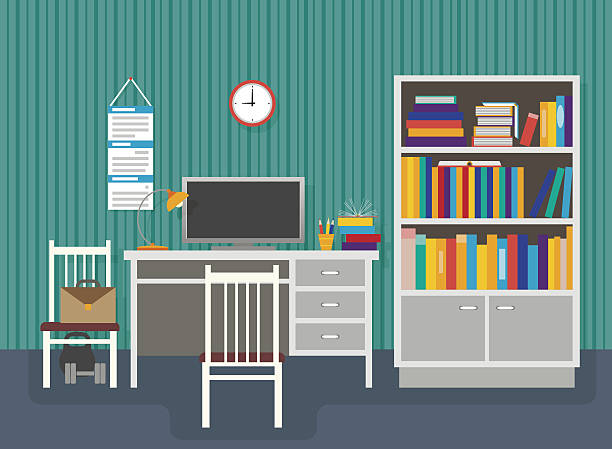 arbeitsplatz des studenten, vektor. flaches design. - student desk drawer computer stock-grafiken, -clipart, -cartoons und -symbole