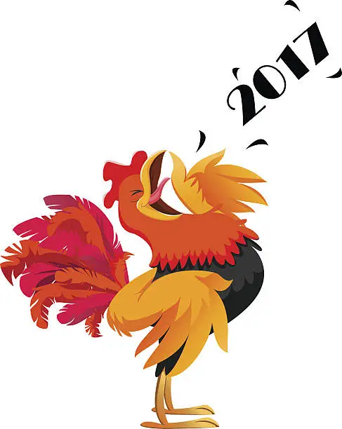 Vector illustration of cartoon rooster crowing symbol of 2017 new year