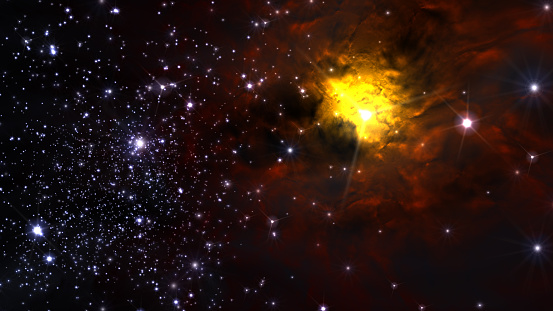 Illustration of a fictitious star-field, nebulae, sun and galaxies