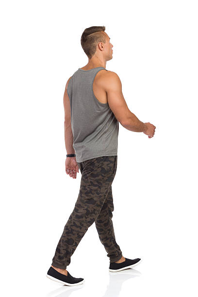 istock Walking Young Man In Camo Sweat Pants Rear View 638036448