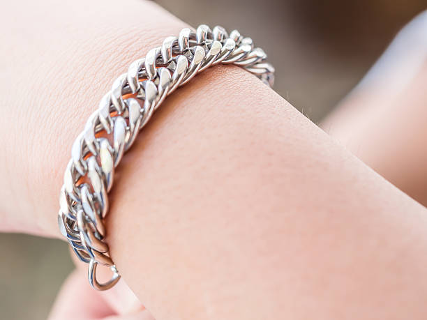 Closeup of stainless steel bracelet and girl hand stock photo