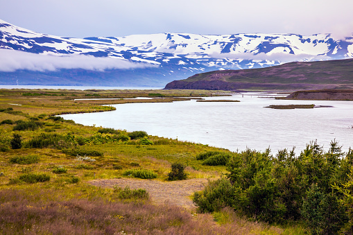 Fjord in Iceland among flat tundra shores. The concept of extreme northern tourism