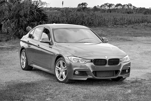 Charleston, South Carolina, USA - December 31, 2016: This is a picture of the new Bmw 3 series sedan 340i and is an example of the brand new 2016 model. Shot outdoors in the morning in Charleston, SC. Marsh views are in the background.