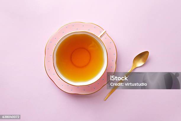 Tea Cup On Pastel Pink Background Top View Stock Photo - Download Image Now - Tea - Hot Drink, Cup, Pink Color