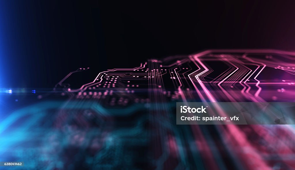 Technology background PCB and code. 3d Illustration Technology background red and blue color, circuit board and code. 3d Illustration Technology Stock Photo