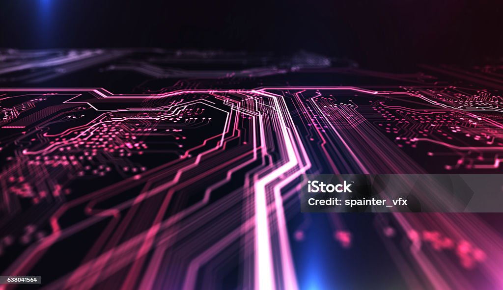 Technology background PCB and code. 3d Illustration Technology background red and blue color, circuit board and code. 3d Illustration Technology Stock Photo