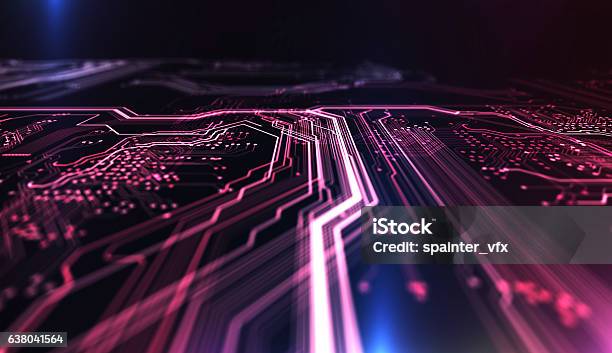 Technology Background Pcb And Code 3d Illustration Stock Photo - Download Image Now