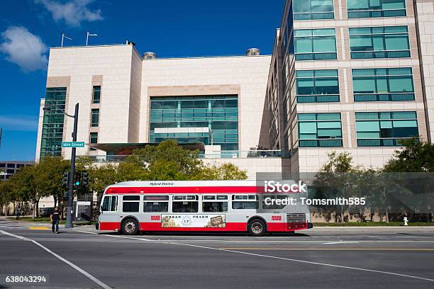 Public Transit Bus On A City Street Stock Photo - Download Image Now - Bus, Blue, Built Structure