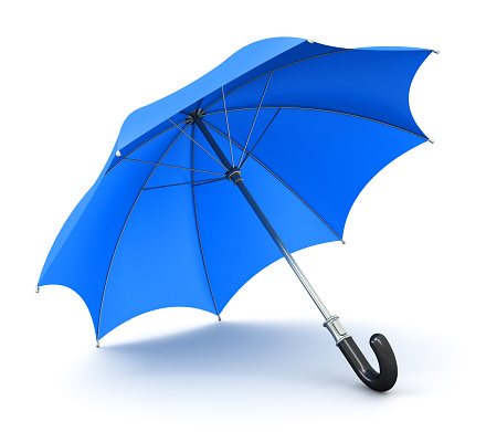 Creative abstract 3D render illustration of the blue umbrella or parasol with black handle isolated on white background