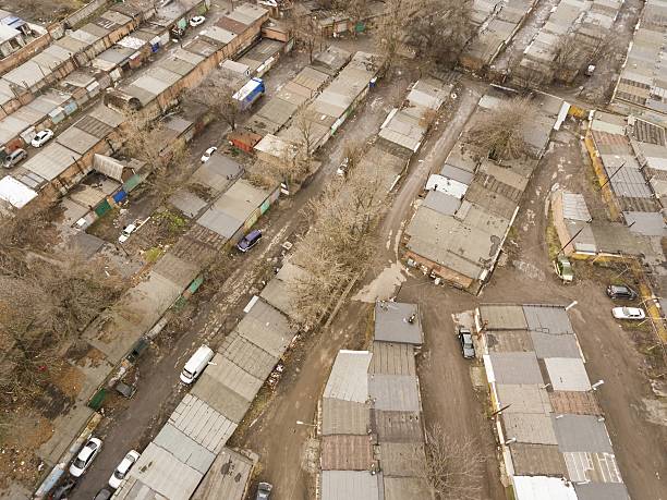 istock Roofs of the old garages from high. 638045512