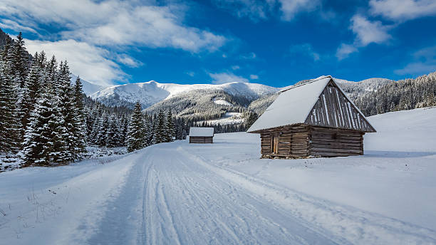 holzhütten und verschneite straße im winter, tatra-gebirge - tatra gebirge stock-fotos und bilder