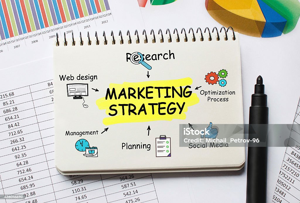 Notebook with Toolls and Notes about Marketing Strategy Marketing Stock Photo