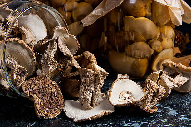istock Two glass jars with wild mushrooms on black marble background. 638047222