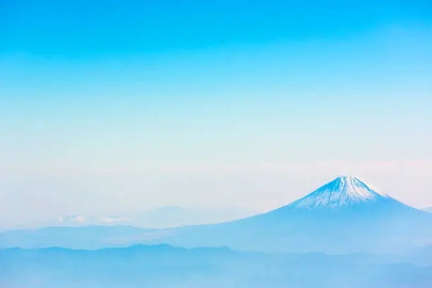 Aerial view of Mount Fuji Japan with blue sky