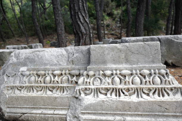 Carved marble stone tumbled on the floor on the east side of the Harbour Way just to the south of the Hadrian Waterway Gate facing the southernmost or Protected or Sun Harbour. Phaselis-Turkey. 
