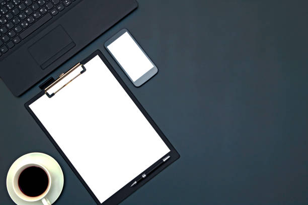 istock Black office table with supplies. Top view with copy space 638055408