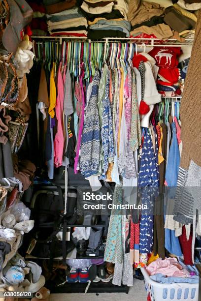 Messy Closet Filled With Womans Clothes Stock Photo - Download Image Now - Closet, Messy, Clothing