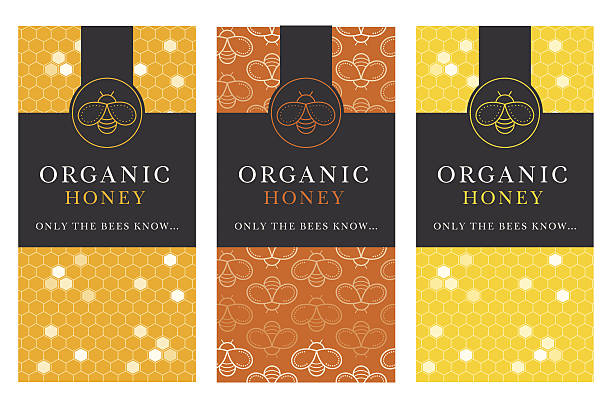 szablon karty wektorowej z emblematami pszczół miodnych i bezszwowym wzorem. - honey stock illustrations