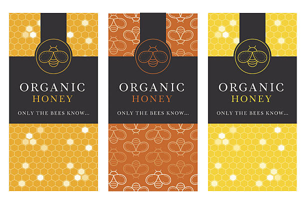 Vector card template with honey bee emblems and seamless pattern. Vector card template with honey bee emblems and seamless pattern. Natural honey tags collection (organic honey). Warm color palette of golden tints with black honey illustrations stock illustrations