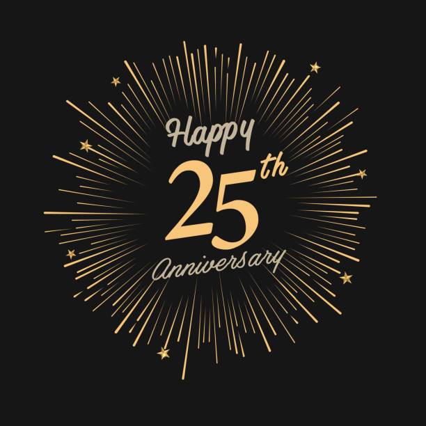 Happy 25th Anniversary with fireworks and star brochure, card, banner template 25 29 years stock illustrations