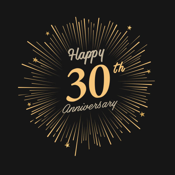 Happy 30th Anniversary with fireworks and star brochure, card, banner template 30 34 years stock illustrations