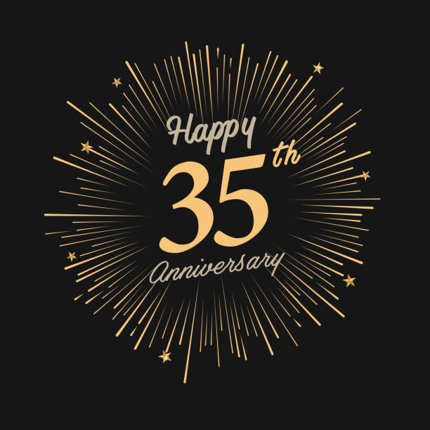 Happy 35th Anniversary with fireworks and star brochure, card, banner template 30 39 years stock illustrations