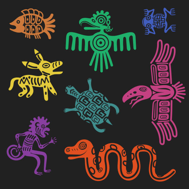 Vector aztec symbols or inca pattern culture signs Vector aztec symbols or inca pattern culture signs isolated on black background. Tribal totem animal tattoo illustration totem pole face stock illustrations