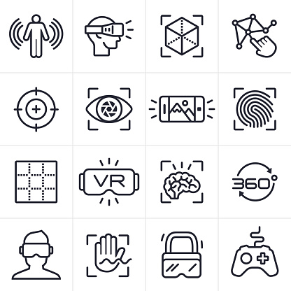 Virtual reality technology and gaming icons and symbols collection.