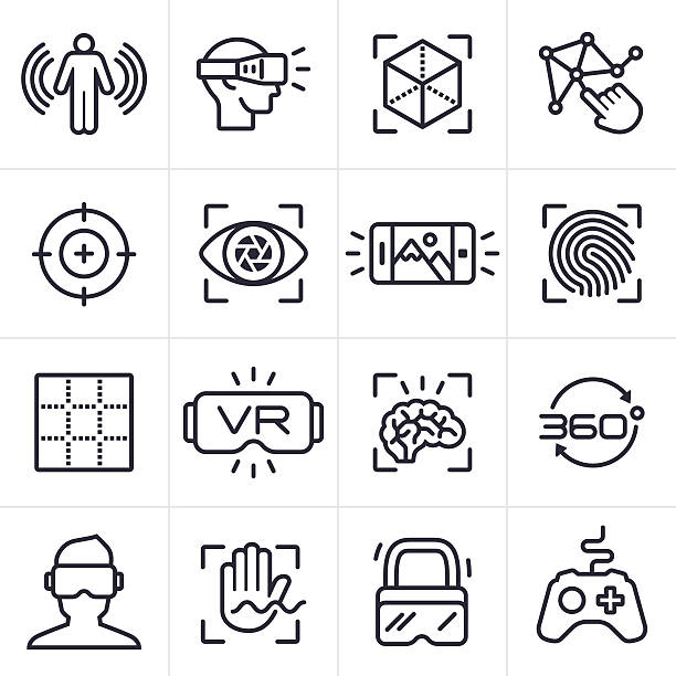Virtual Reality Technology Icons and Symbols Virtual reality technology and gaming icons and symbols collection. virtual reality simulator stock illustrations