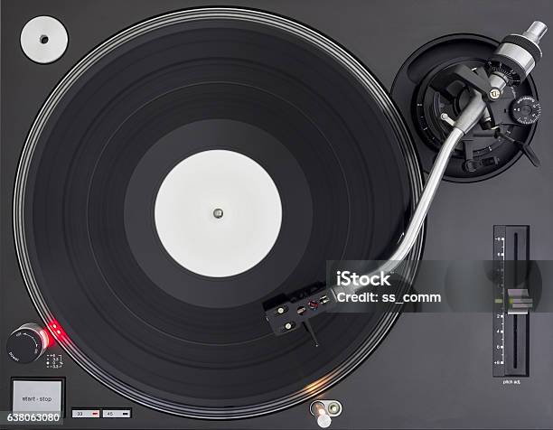 Dj Turntable With Vinyl Record Playing Top View Stock Photo - Download Image Now - Turntable, Record - Analog Audio, DJ