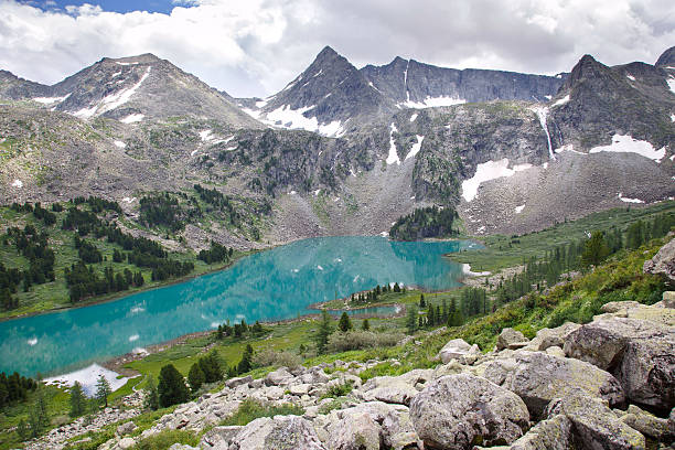 istock Highland Lake surrounded by cliffs, Altai, Siberia. 638064526