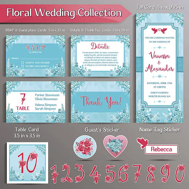 Vector illustration of Floral Wedding Invitation set. US format