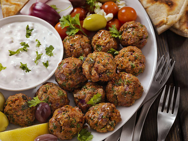 100% Lamb -Greek Meatball Platter 100% Lamb -Greek Meatball Platter - Photographed on Hasselblad H3D2-39mb Camera greek food stock pictures, royalty-free photos & images
