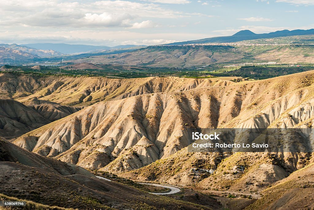 Badlands in the countryside of Sicily, near Biancavilla Badlands Stock Photo