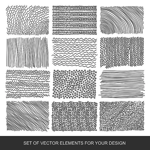 Vector illustration of Collection of textures, brushes, graphics, design element. Hand-drawn. Modernistic