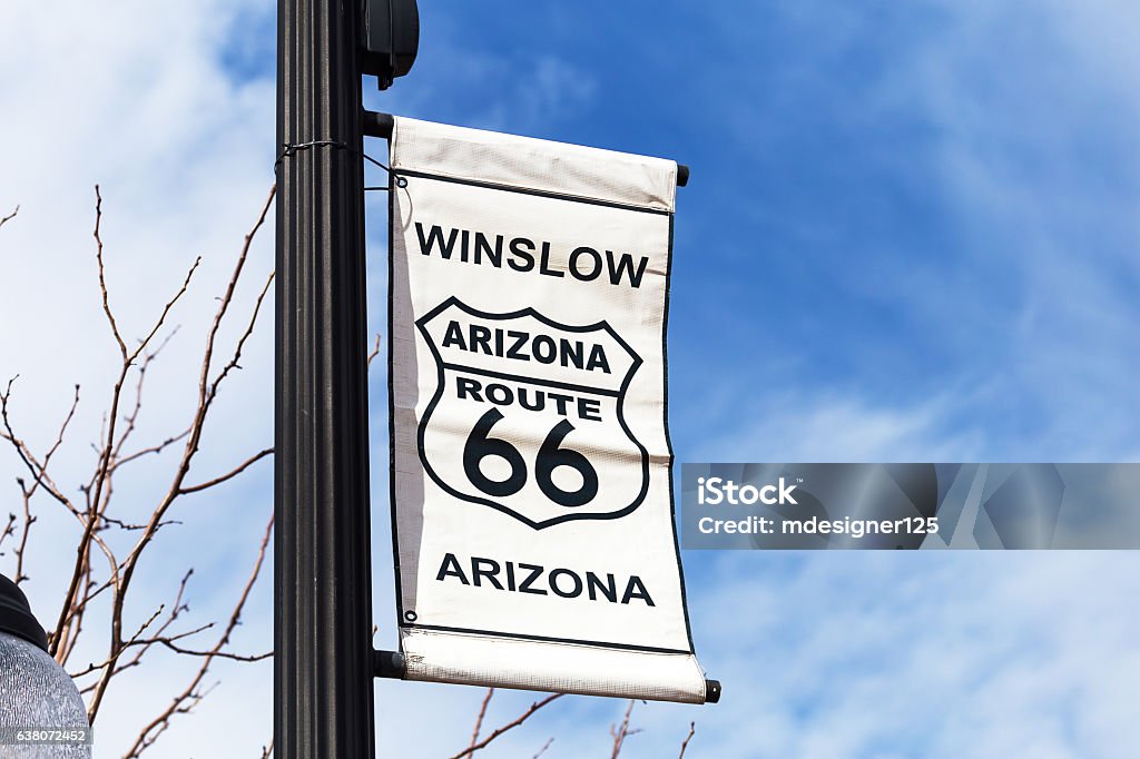 Historic Route 66 Sign Historic Route 66 Sign in Winslow, Arizona Arizona Stock Photo